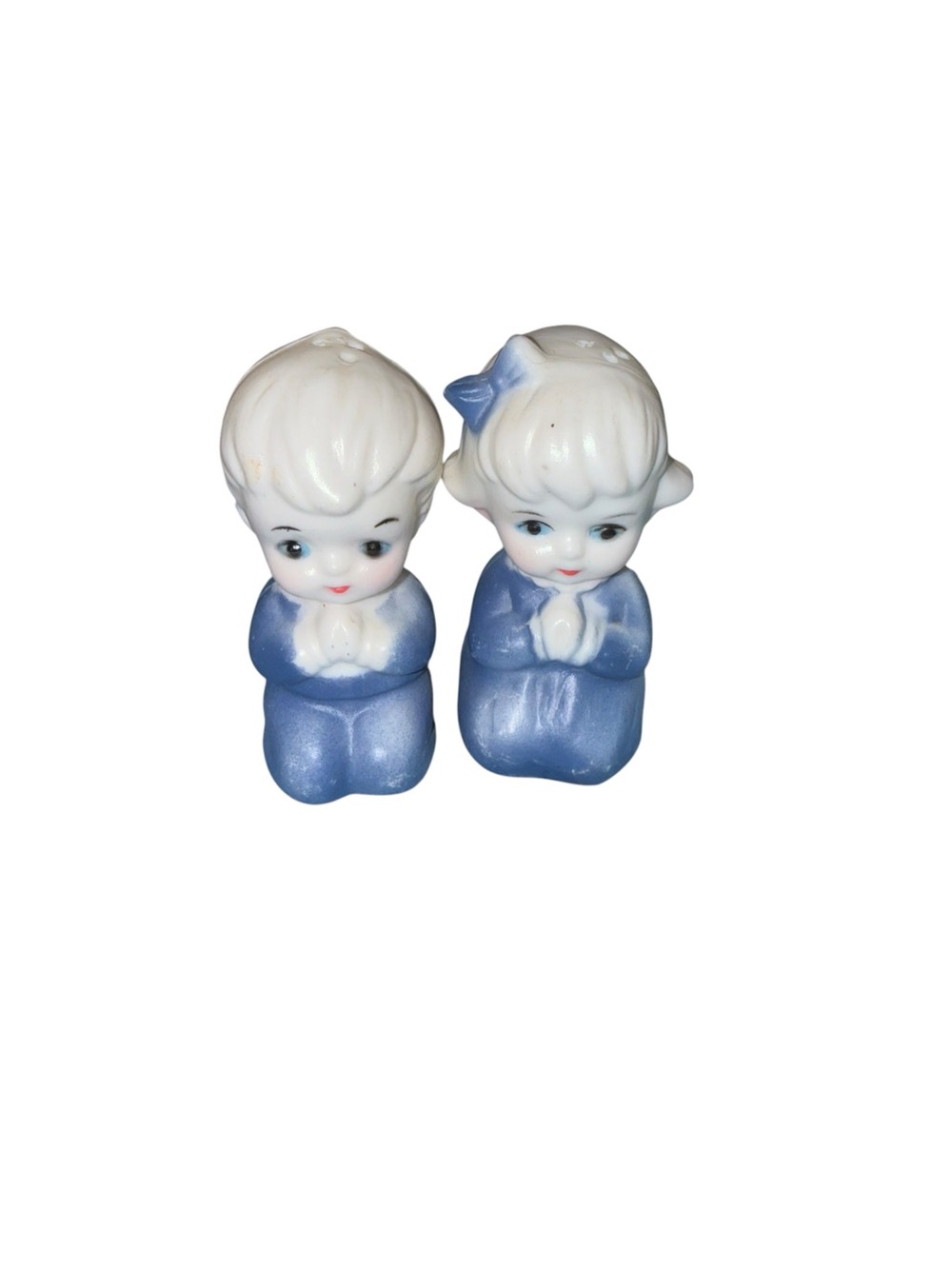 Vintage blue and White Praying children Salt and Pepper Shakers
